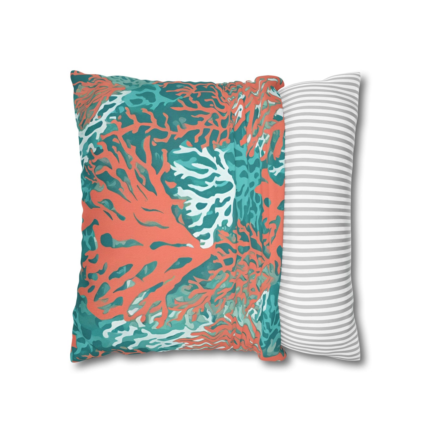 Decorative Coral and Aqua Accent Pillowcase, Soft Polyester Square Pillowcase, Beachy Decor, Gift Idea - The Mountain Mermaid Company