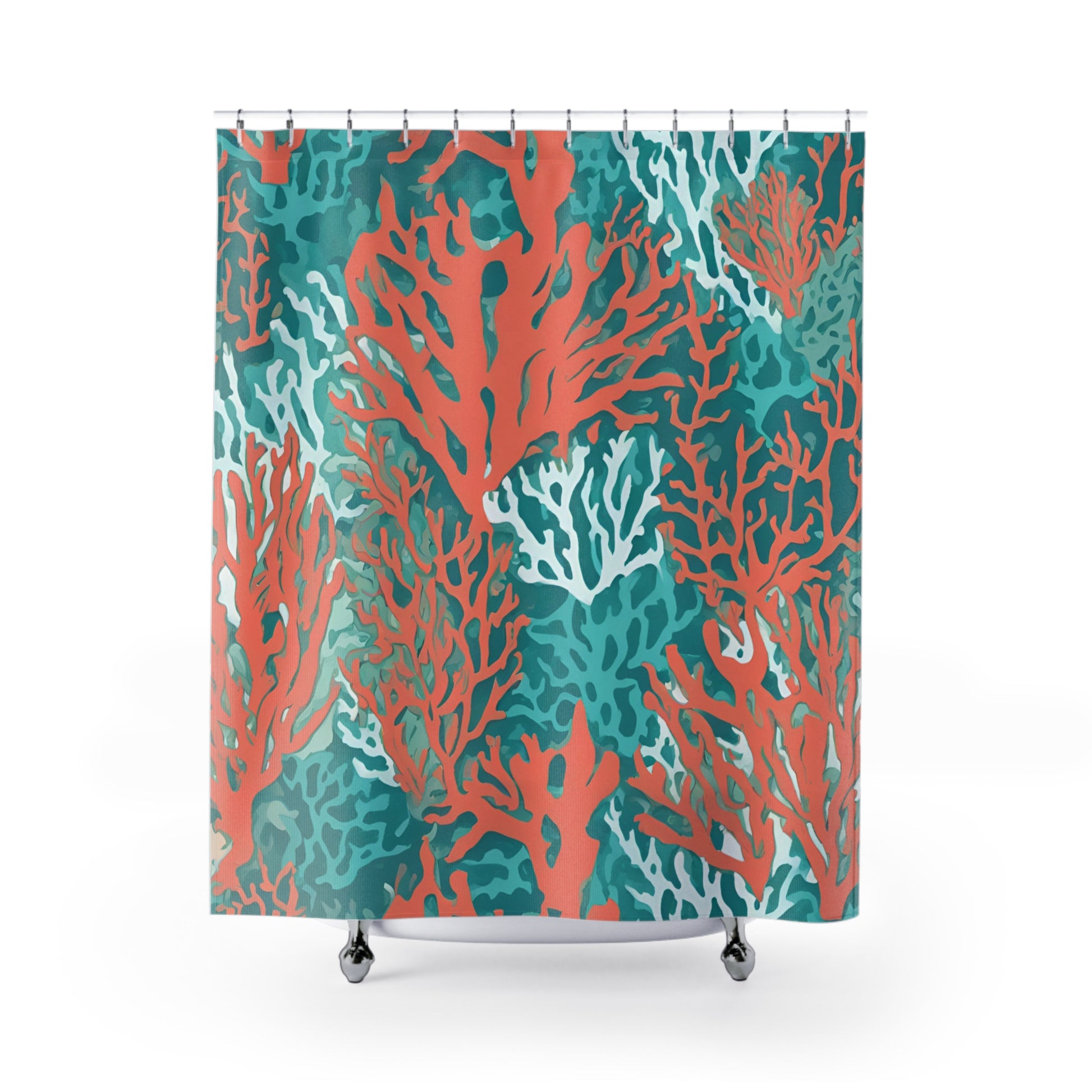 Coral Print Shower Curtains - Chic Coral and Aqua, Coastal Bathroom, Ocean Aesthetic Home Decor - The Mountain Mermaid Company