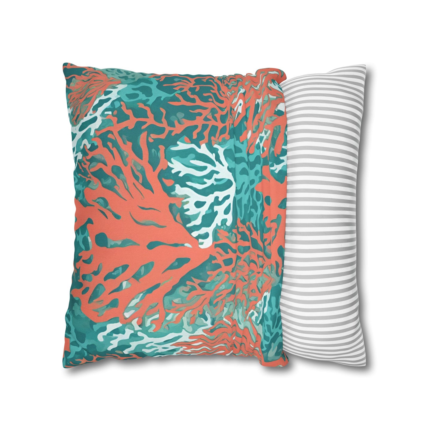 Decorative Coral and Aqua Accent Pillowcase, Soft Polyester Square Pillowcase, Beachy Decor, Gift Idea - The Mountain Mermaid Company