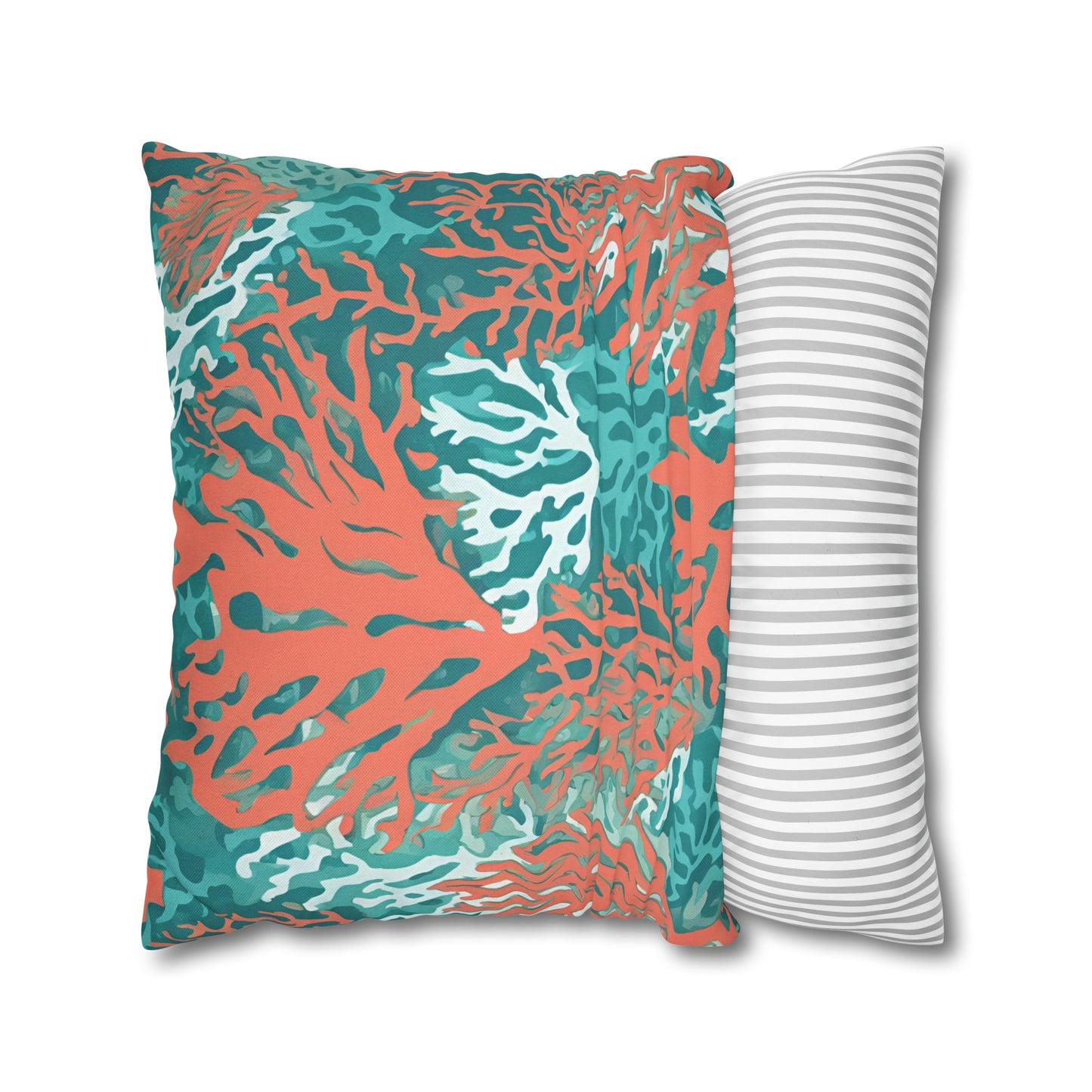 Decorative Coral and Aqua Accent Pillowcase, Soft Polyester Square Pillowcase, Beachy Decor, Gift Idea - The Mountain Mermaid Company