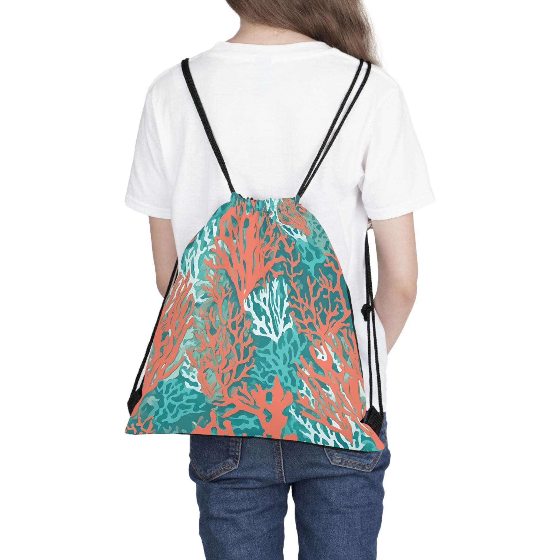 Drawstring Bag Coral Print, Chic Coral and Aqua, Beach Essentials, Stylish Vacation Gift - The Mountain Mermaid Company