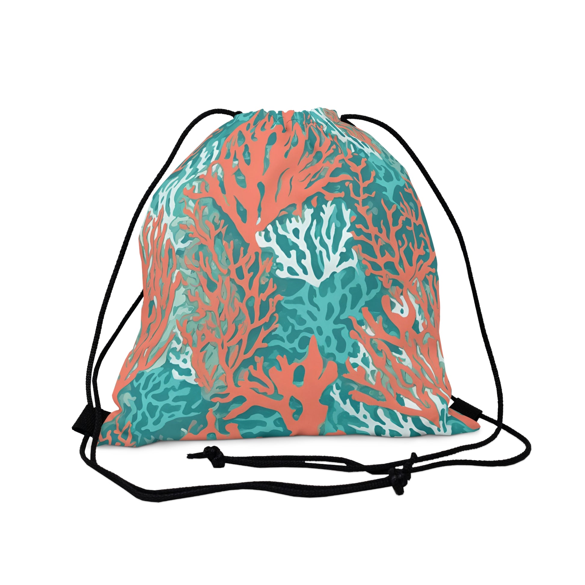 Drawstring Bag Coral Print, Chic Coral and Aqua, Beach Essentials, Stylish Vacation Gift - The Mountain Mermaid Company