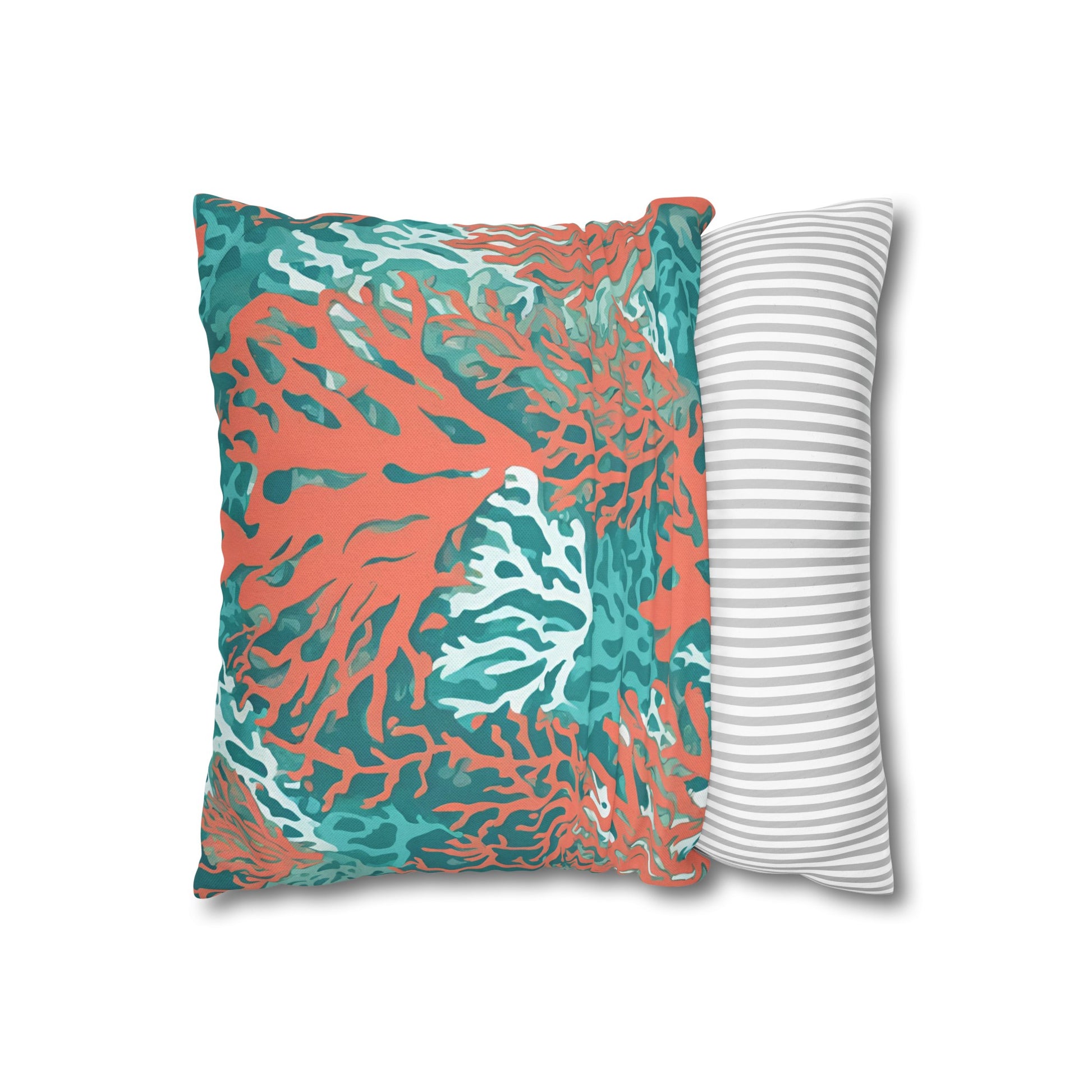 Decorative Coral and Aqua Accent Pillowcase, Soft Polyester Square Pillowcase, Beachy Decor, Gift Idea - The Mountain Mermaid Company