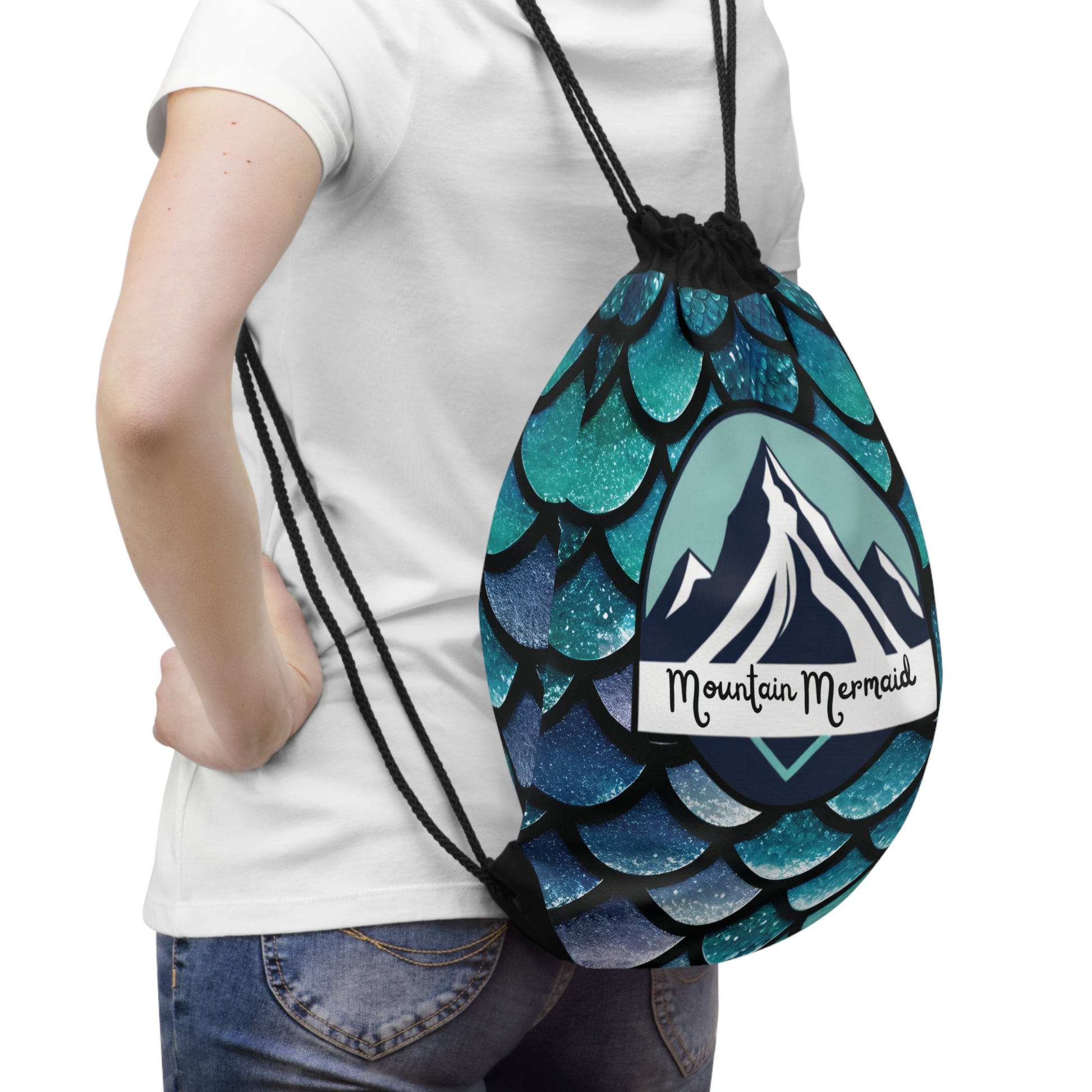 Aqua Mermaidcore Drawstring Bag - Mountain Mermaid Logo, Adventure-Ready Carryall, Ideal Gift for Hikers and Beachgoers - The Mountain Mermaid Company