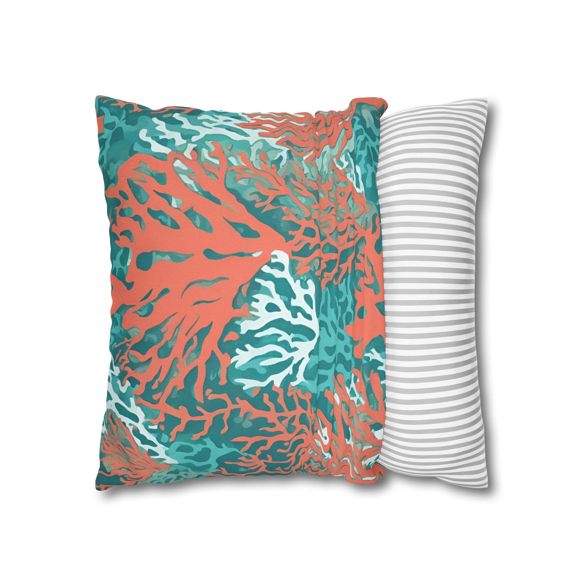 Decorative Coral and Aqua Accent Pillowcase, Soft Polyester Square Pillowcase, Beachy Decor, Gift Idea - The Mountain Mermaid Company