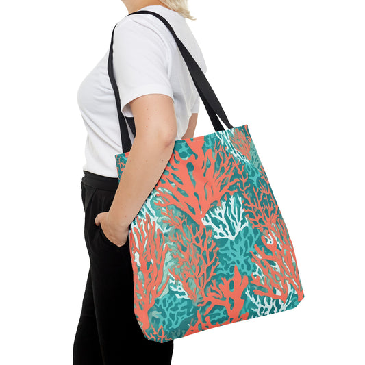 Coral and Aqua Tote Bag - Durable Carryall for Everyday Use, Trendy Pool Accessory, Unique Gift for Beach Lovers - The Mountain Mermaid Company