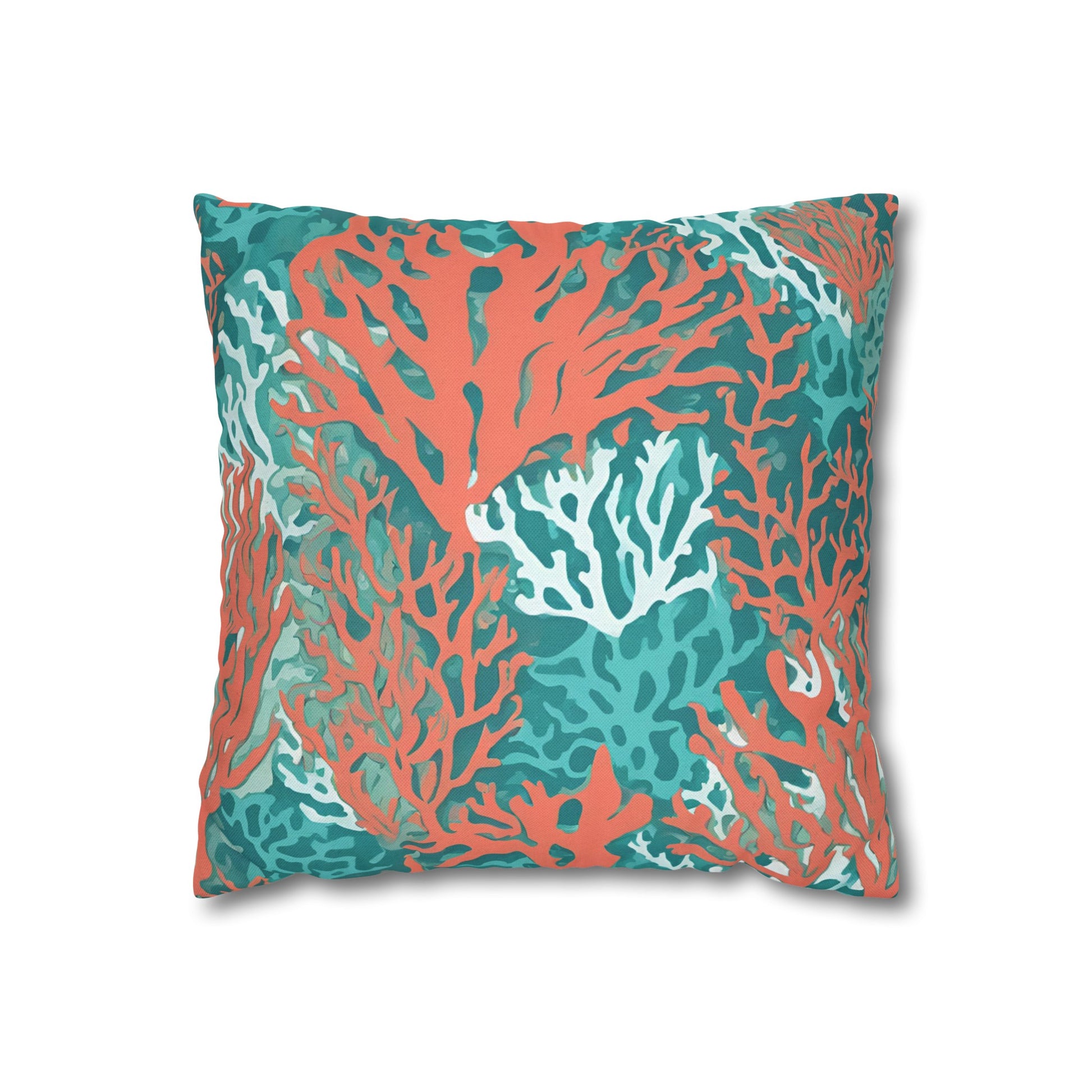 Decorative Coral and Aqua Accent Pillowcase, Soft Polyester Square Pillowcase, Beachy Decor, Gift Idea - The Mountain Mermaid Company