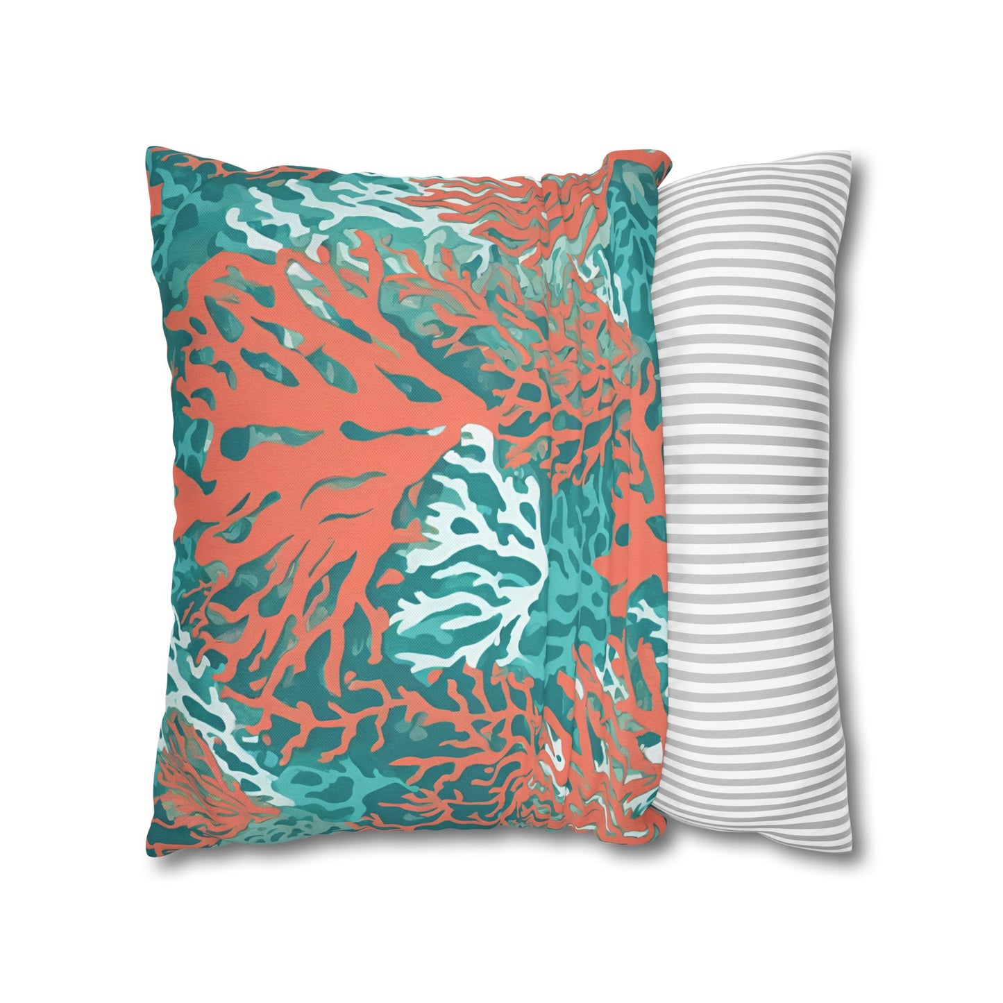 Decorative Coral and Aqua Accent Pillowcase, Soft Polyester Square Pillowcase, Beachy Decor, Gift Idea - The Mountain Mermaid Company