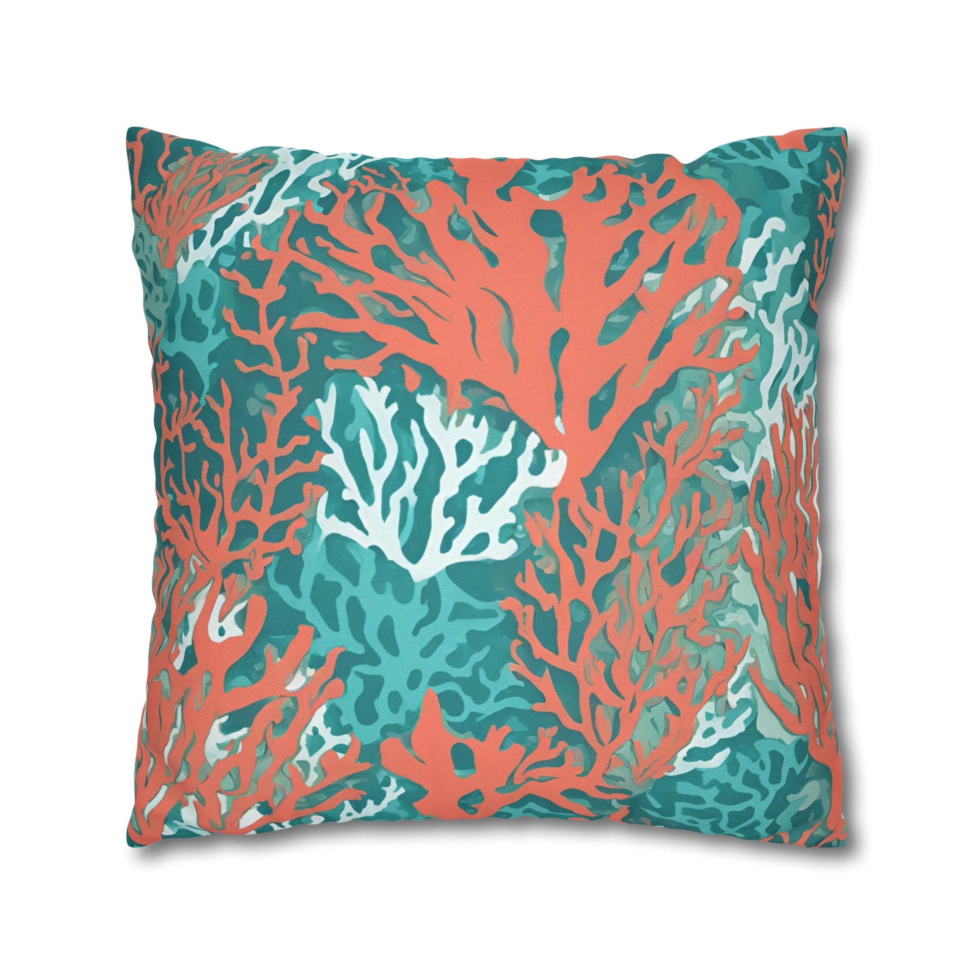 Decorative Coral and Aqua Accent Pillowcase, Soft Polyester Square Pillowcase, Beachy Decor, Gift Idea - The Mountain Mermaid Company