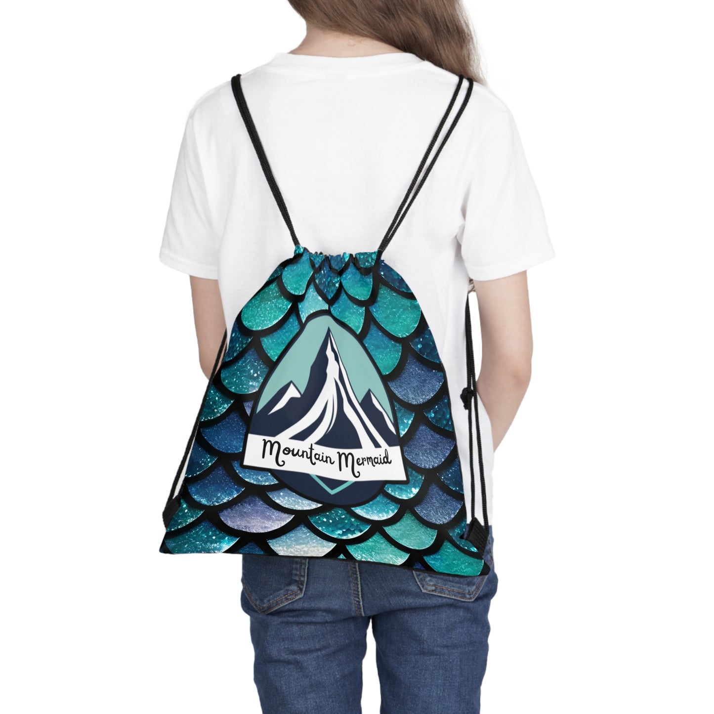 Aqua Mermaidcore Drawstring Bag - Mountain Mermaid Logo, Adventure-Ready Carryall, Ideal Gift for Hikers and Beachgoers - The Mountain Mermaid Company