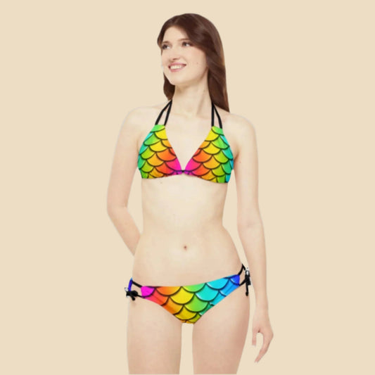 Rainbow Mermaid Bikini Set - Strappy Two-Piece Swimwear, Triangle Top, Cheeky Bottom, Perfect for Beach Vacations & Pool Parties, Unique Gift for Her - The Mountain Mermaid Company