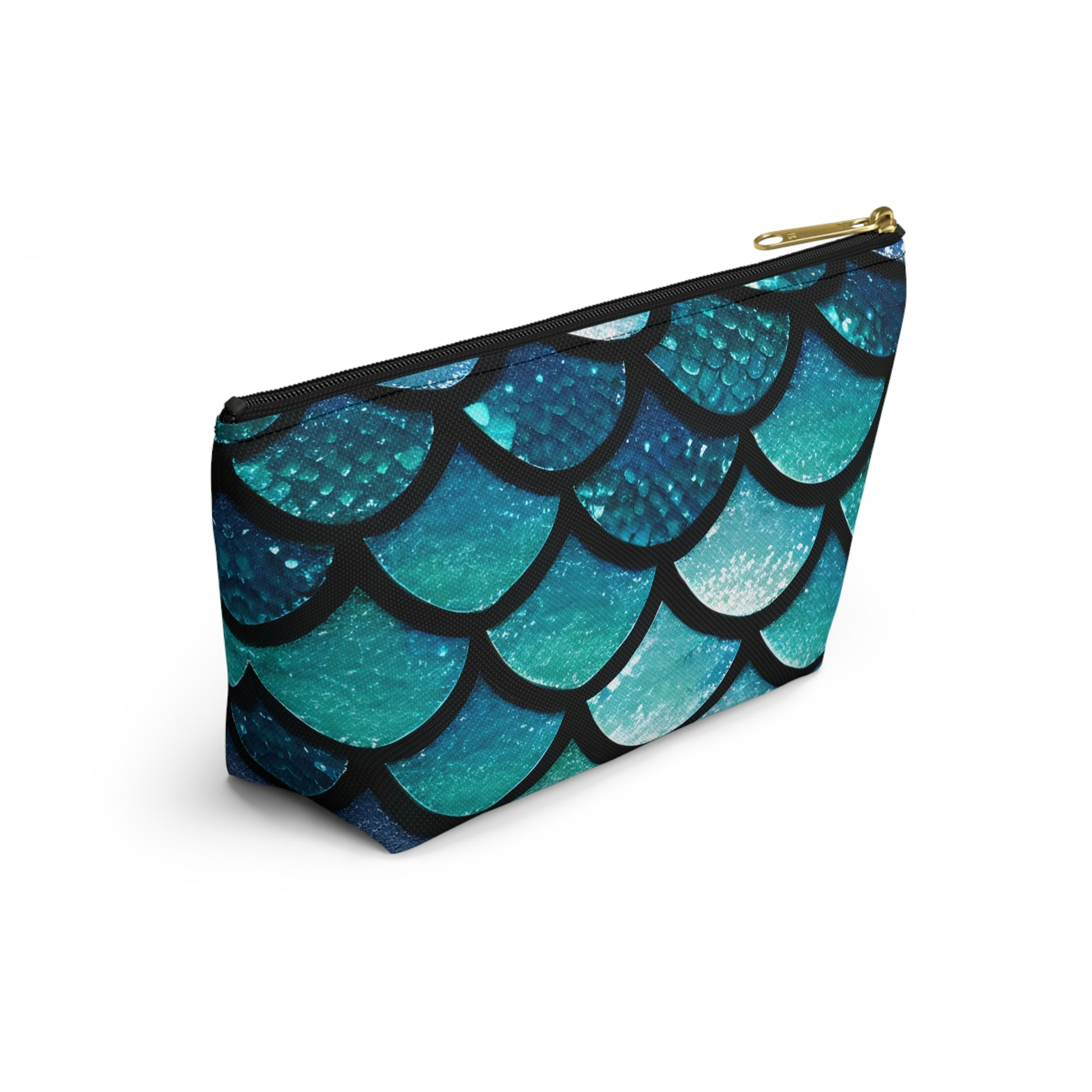 Mermaid Magic Makeup Bag - Trendy Blue Scales Print - Sleek and Chic T-Bottom Accessory Pouch for Cosmetics & Travel Gear - Unique Gift for Her - The Mountain Mermaid Company