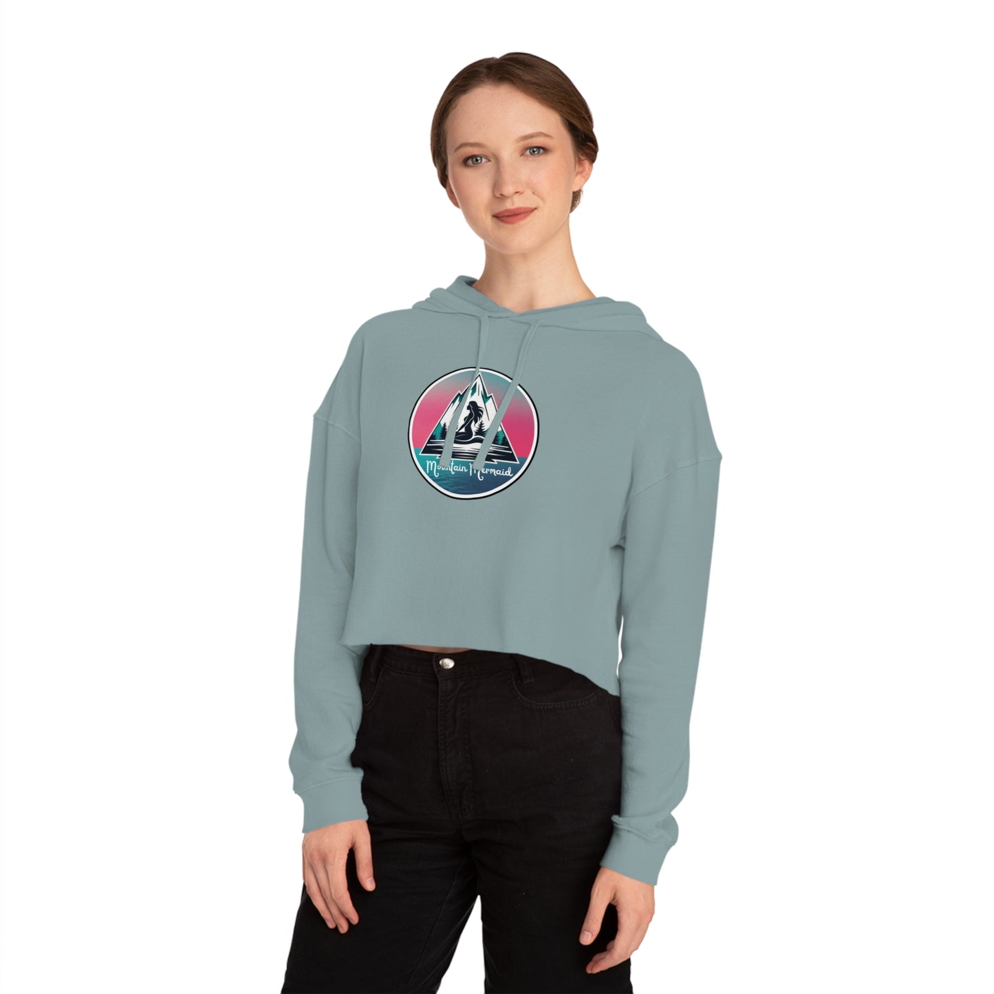 Salbeigrüner Cropped Hoodie, Mountain Mermaid Logo Sweatshirt für Frauen, Pink Aqua Kapuzenpullover, Süßes Hoodie Geschenk für Sie, Meerjungfrau Liebhaber Geschenk