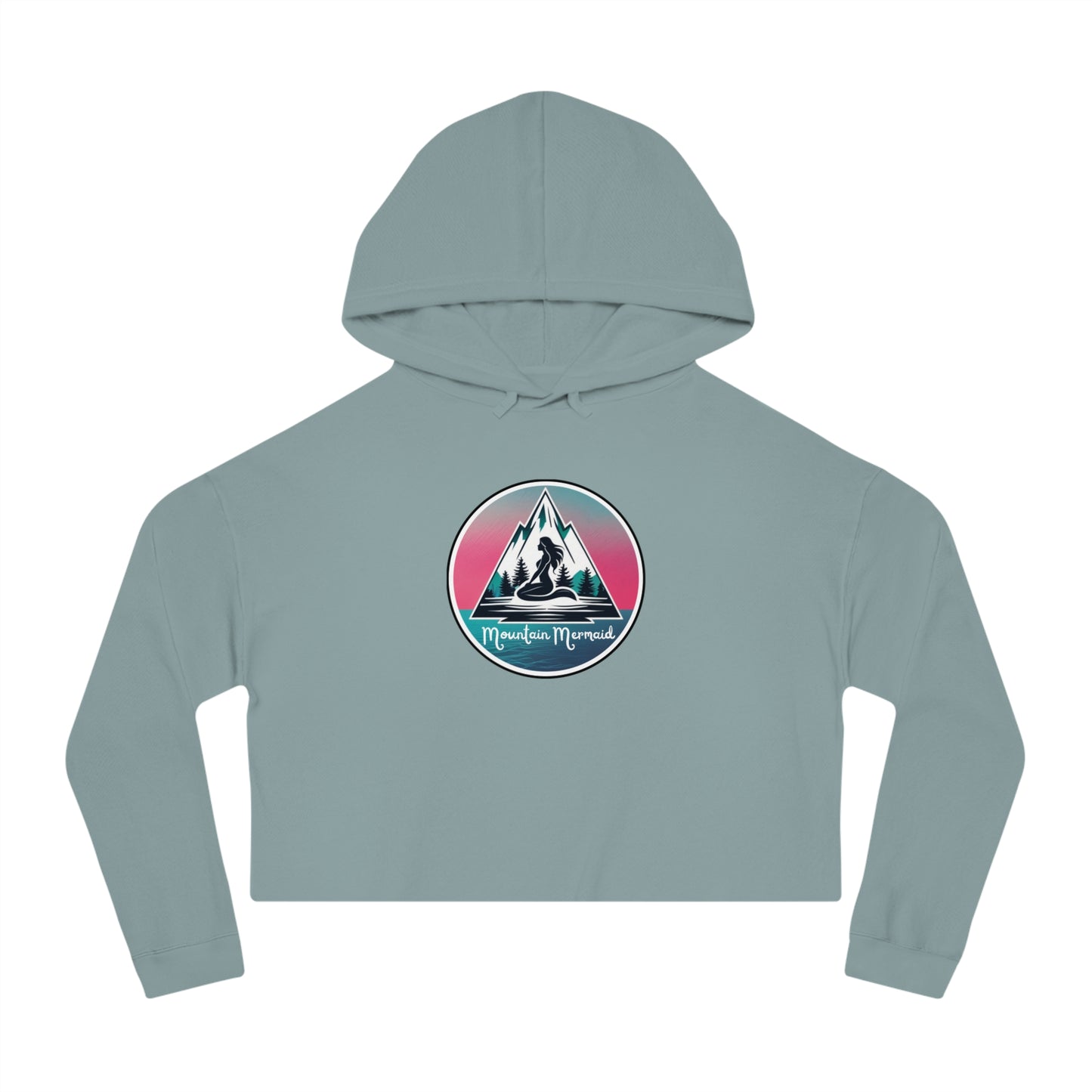 Salbeigrüner Cropped Hoodie, Mountain Mermaid Logo Sweatshirt für Frauen, Pink Aqua Kapuzenpullover, Süßes Hoodie Geschenk für Sie, Meerjungfrau Liebhaber Geschenk