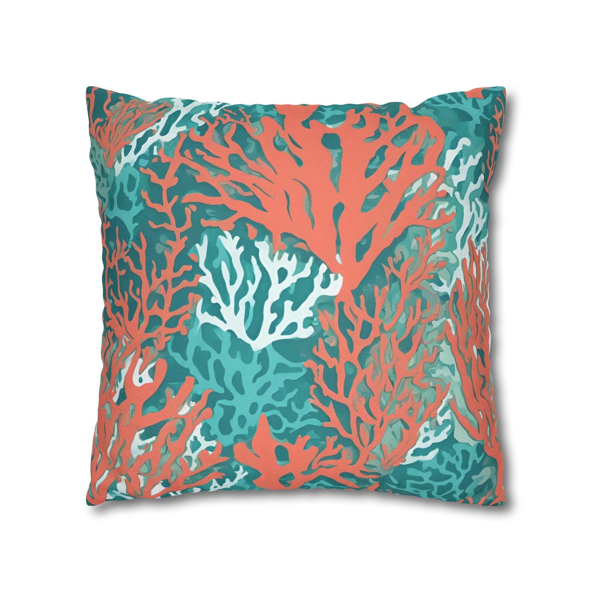 Decorative Coral and Aqua Accent Pillowcase, Soft Polyester Square Pillowcase, Beachy Decor, Gift Idea - The Mountain Mermaid Company