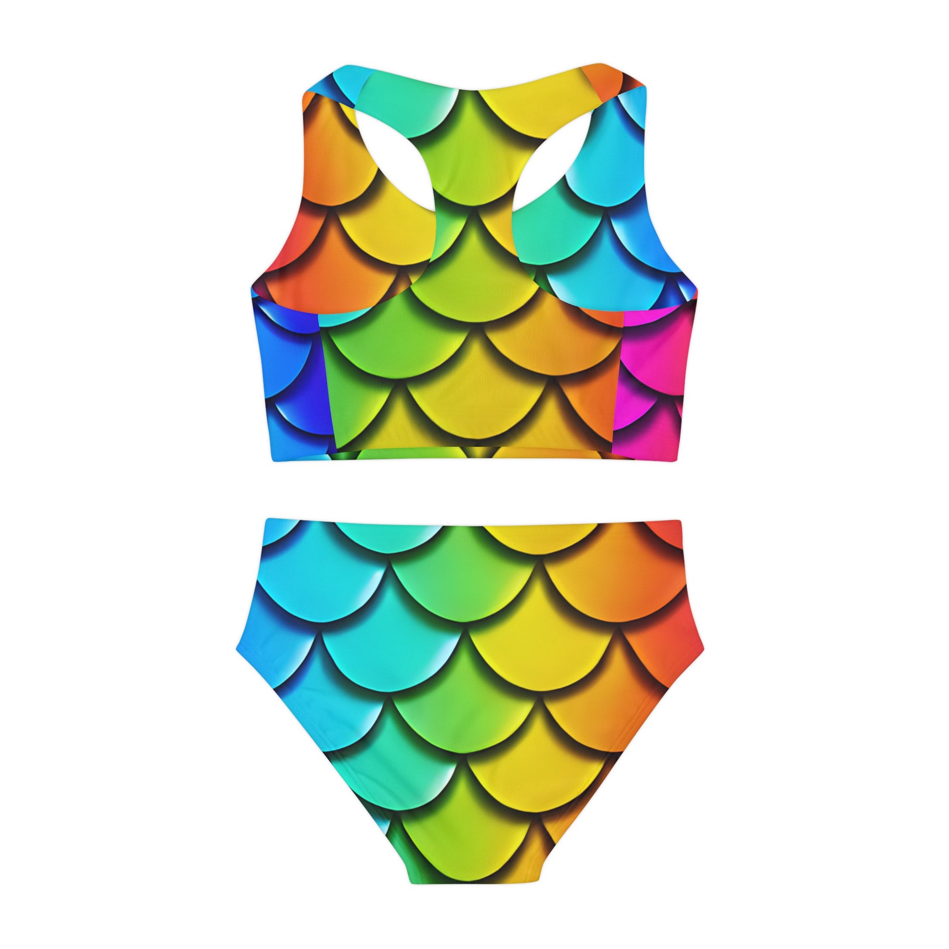 Rainbow Mermaidcore Girls Two Piece Swimsuit -  Vibrant Mermaid Scale Pattern, Ideal for Pool & Beach, Great Summer Gift for Kids - The Mountain Mermaid Company