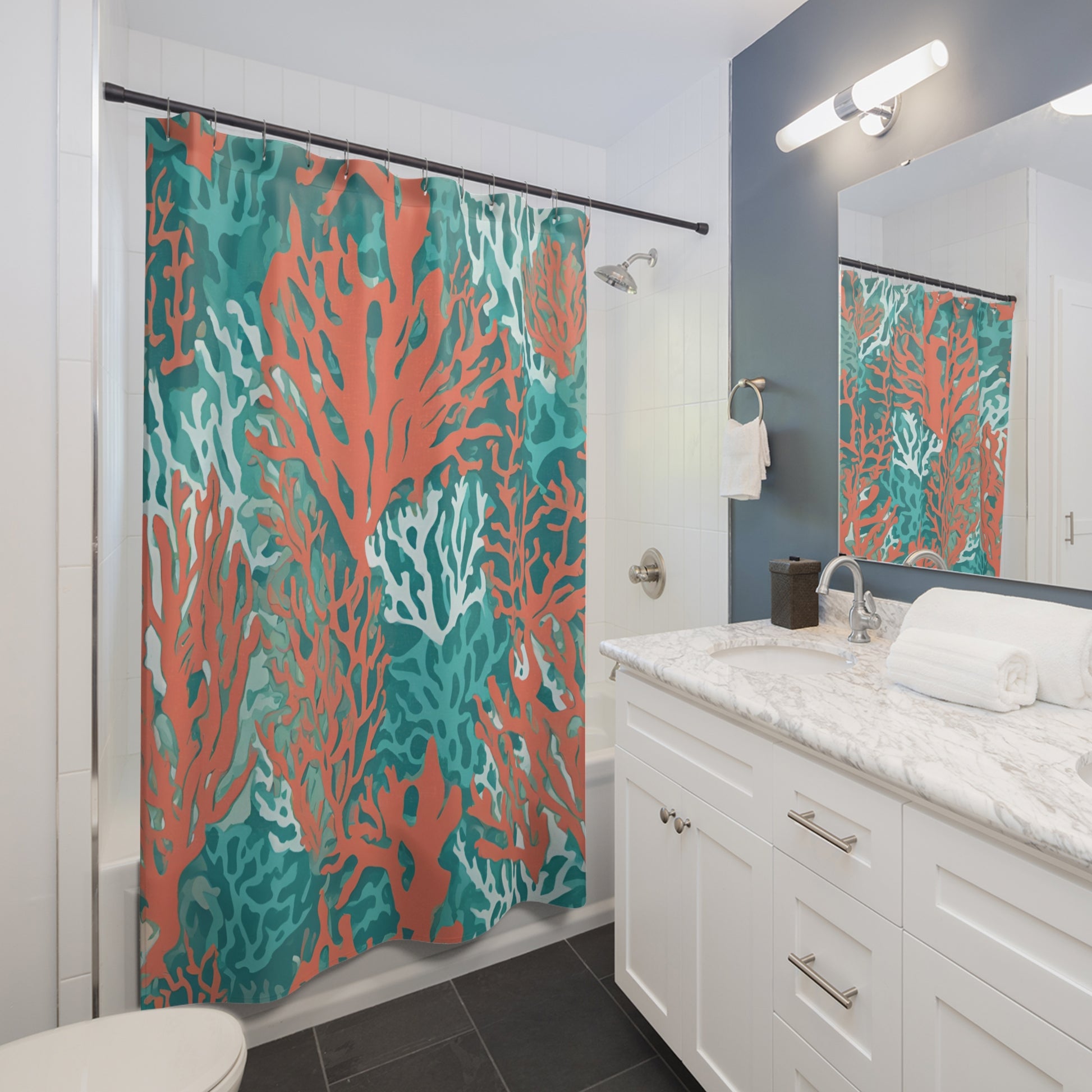 Coral Print Shower Curtains - Chic Coral and Aqua, Coastal Bathroom, Ocean Aesthetic Home Decor - The Mountain Mermaid Company