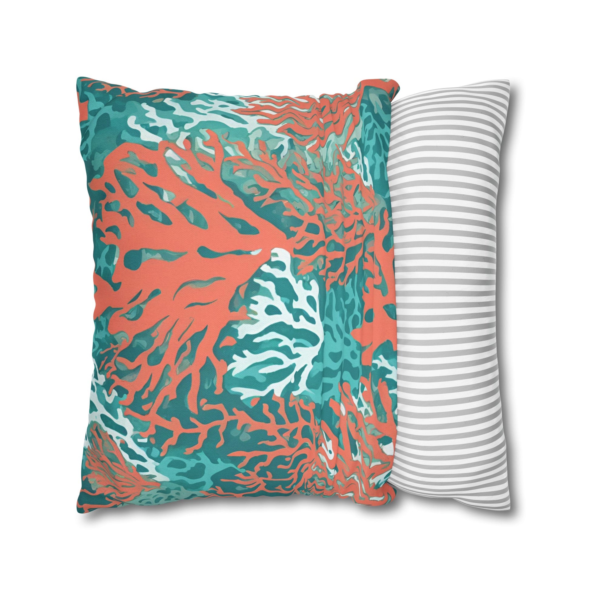 Decorative Coral and Aqua Accent Pillowcase, Soft Polyester Square Pillowcase, Beachy Decor, Gift Idea - The Mountain Mermaid Company