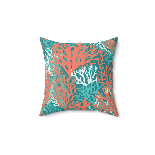 Decorative Coral and Aqua Accent Pillow, Soft Polyester Square Pillow, Beachy Decor, Gift Idea