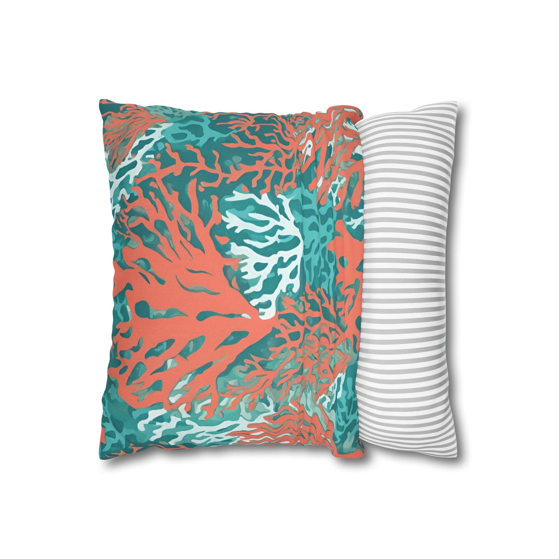 Decorative Coral and Aqua Accent Pillowcase, Soft Polyester Square Pillowcase, Beachy Decor, Gift Idea - The Mountain Mermaid Company