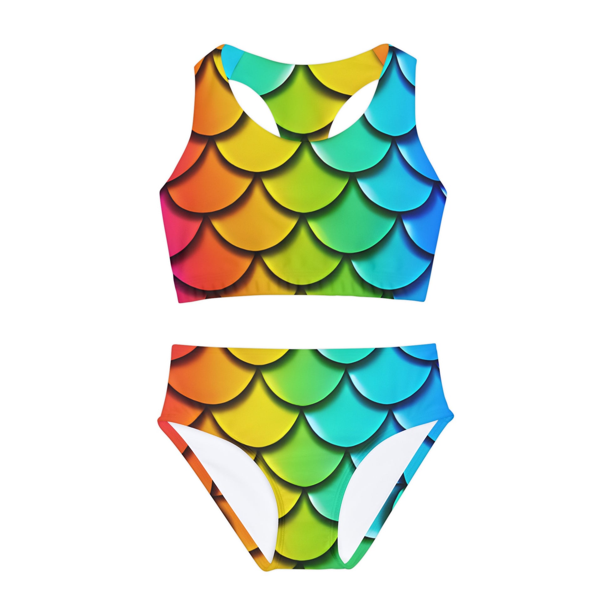 Rainbow Mermaidcore Girls Two Piece Swimsuit -  Vibrant Mermaid Scale Pattern, Ideal for Pool & Beach, Great Summer Gift for Kids - The Mountain Mermaid Company